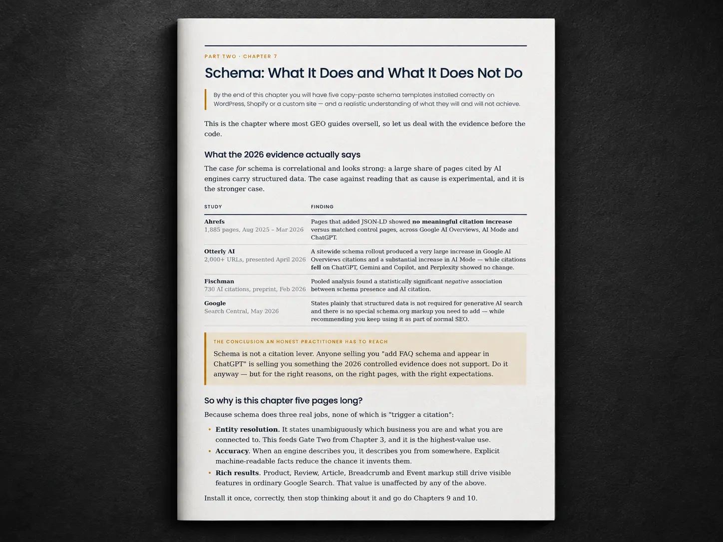 Preview page from the GEO guide explaining schema and structured data